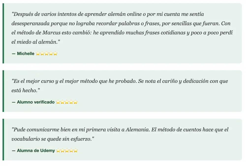 opiniones de alumnos que hicieron el programa Aprender Alemán con Cuentos de Marcus Fritzsche (A1-A2)