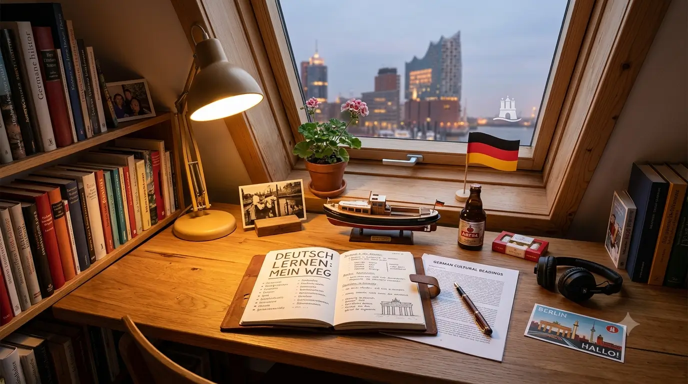 Escritorio de estudio con cuaderno de alemán y vistas a Hamburgo al atardecer