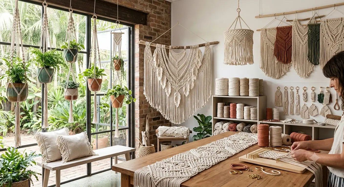 Taller de macramé con tapices, colgadores de plantas y bobinas de cuerda de algodón