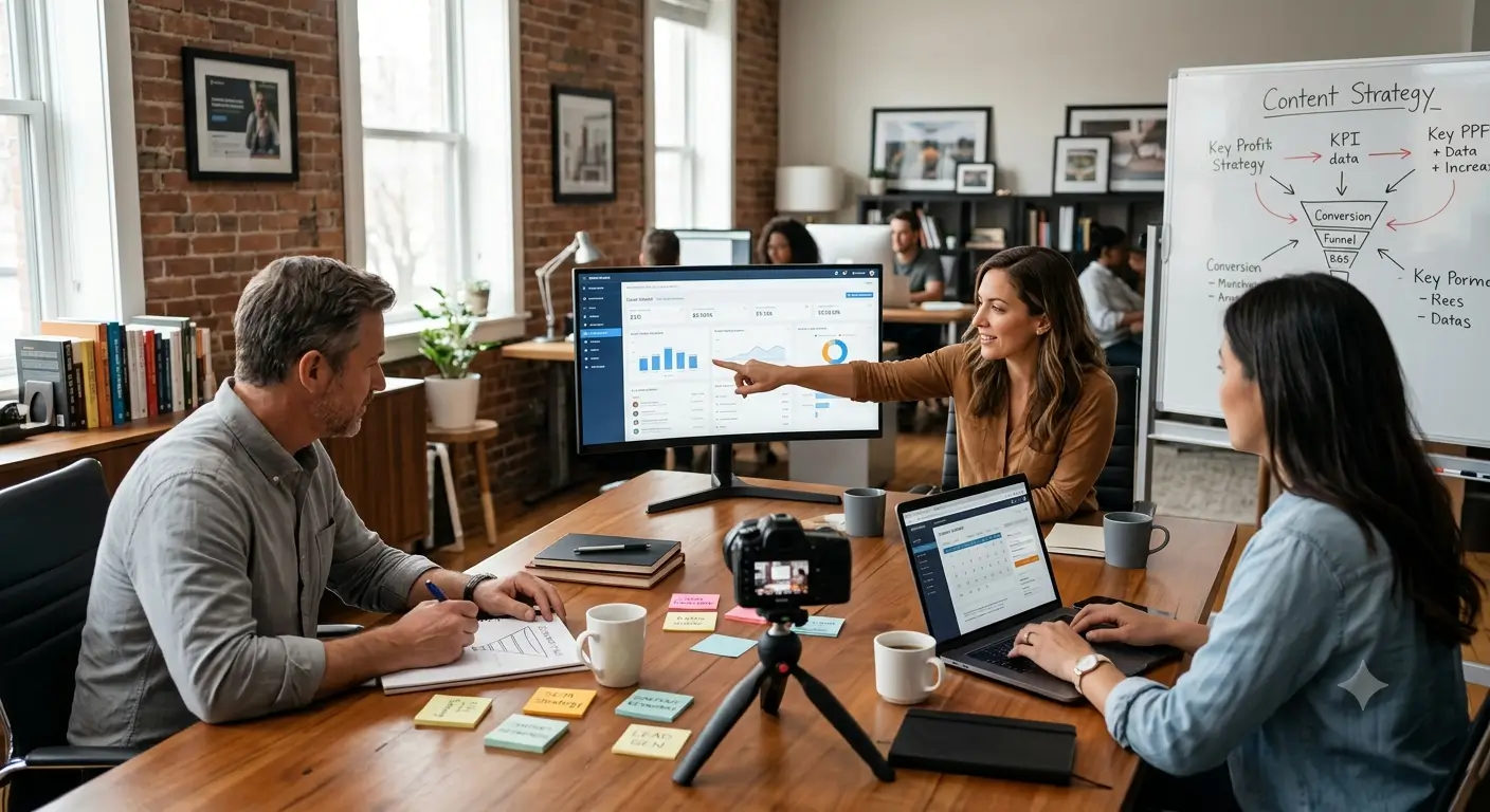 Equipo analizando métricas de marketing digital y embudo de conversión en una oficina